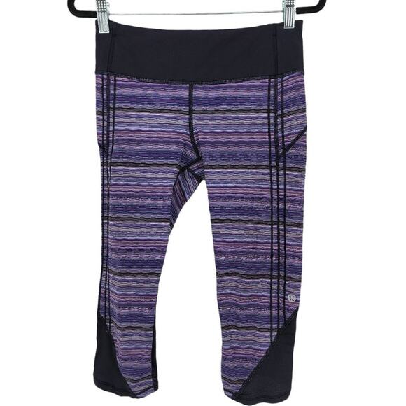 Lululemon Purple Striped Vent It Out Mesh Panel Cropped Stretch Leggings Size 6 - Picture 1 of 3